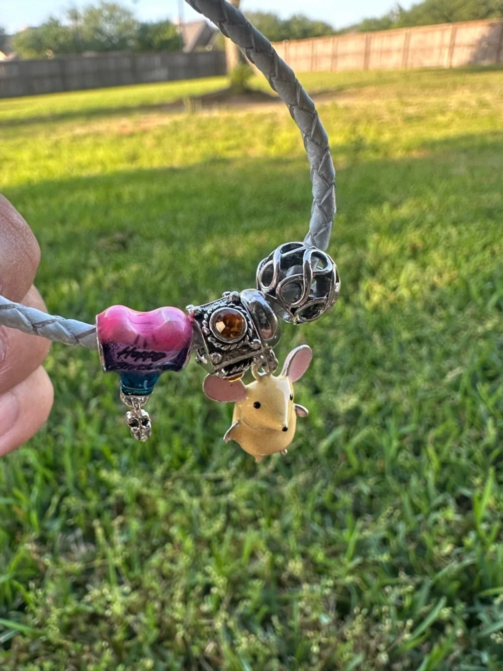 Pandora White Braided Bracelet with Yellow Mouse and Pink Shoe Charms - Picture 5 of 7